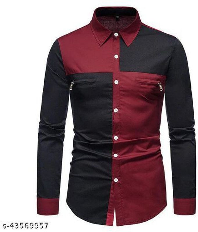 Men Color Block Casual Red, Black Shirt