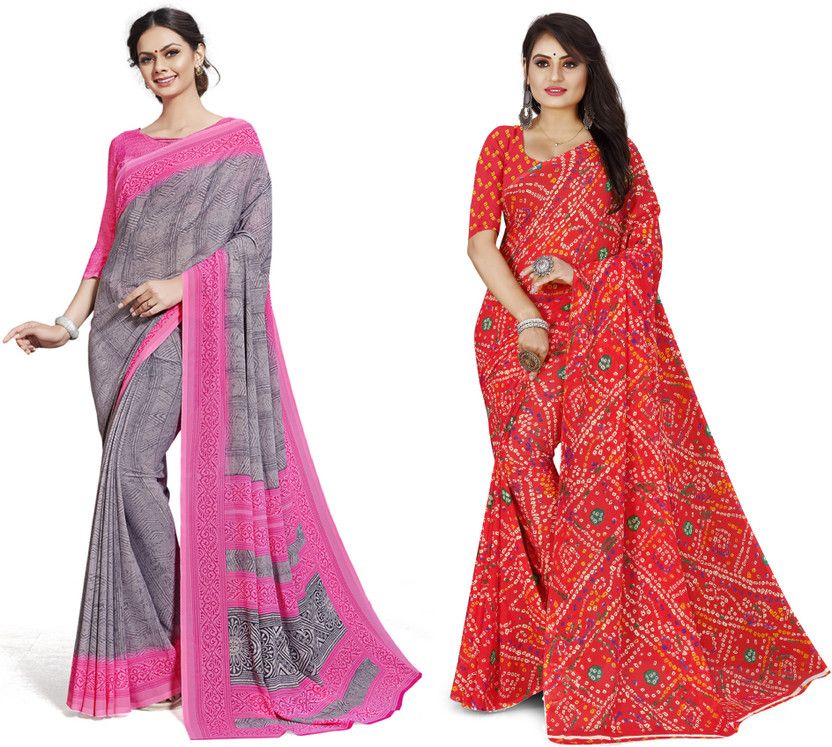 Geometric Print Bollywood Georgette Saree  (Pack of 2, Red, Grey)