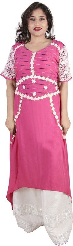 Women Embroidered Cotton Rayon High Low Kurta  (Pink)