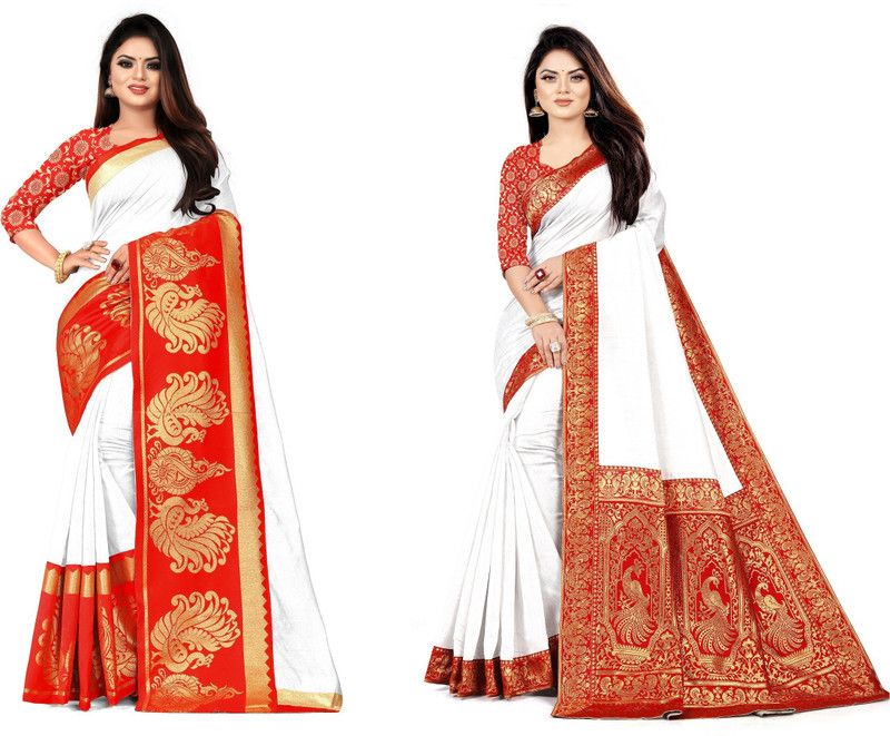 Woven Bollywood Chanderi Saree  (Pack of 2, White)