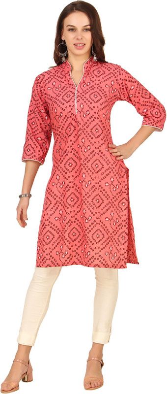 Women Printed Cotton Silk Straight Kurta  (Orange)