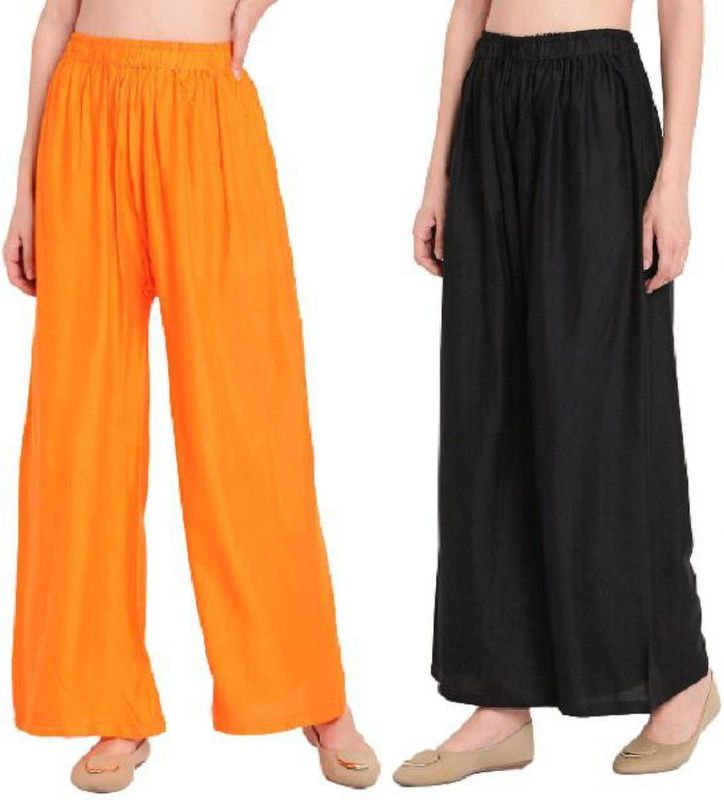 Pack of 2 Women Flared Black, Orange Cotton Blend Trousers