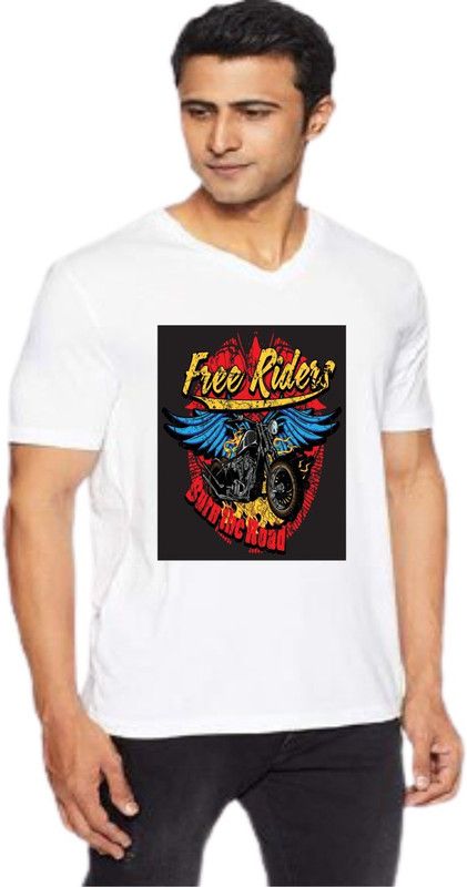 Men Printed V Neck Poly Cotton White T-Shirt