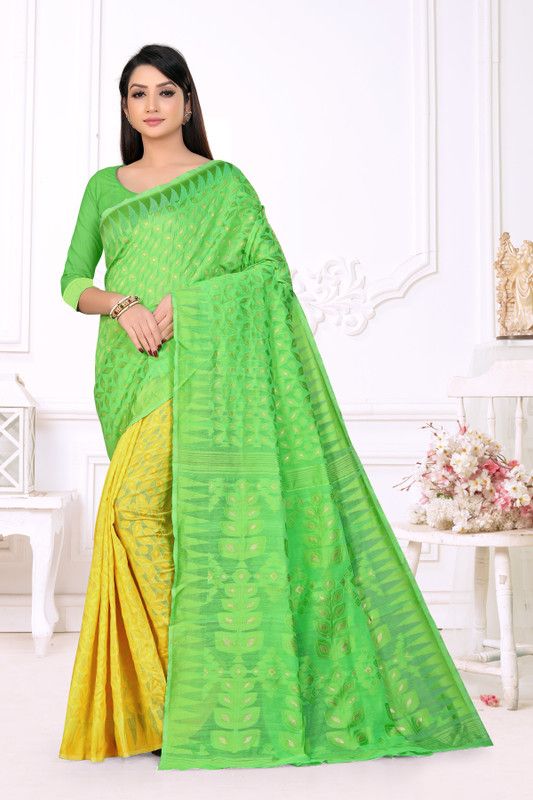 Self Design Jamdani Pure Cotton Saree  (Light Green)
