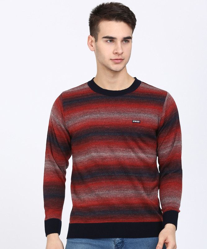 Men Self Design Round Neck Dark Blue, Red Sweater
