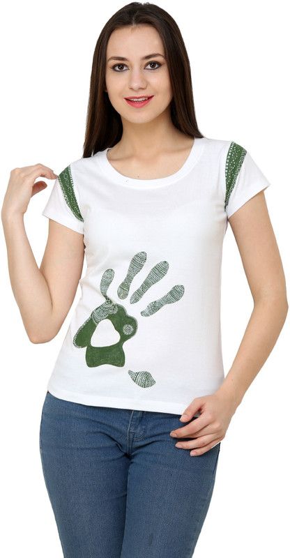 Heena Hand Women Printed Round Neck Cotton Blend White T-Shirt