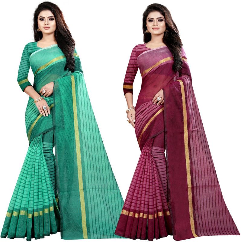 Striped Daily Wear Cotton Silk Saree  (Pack of 2, Purple, Green)