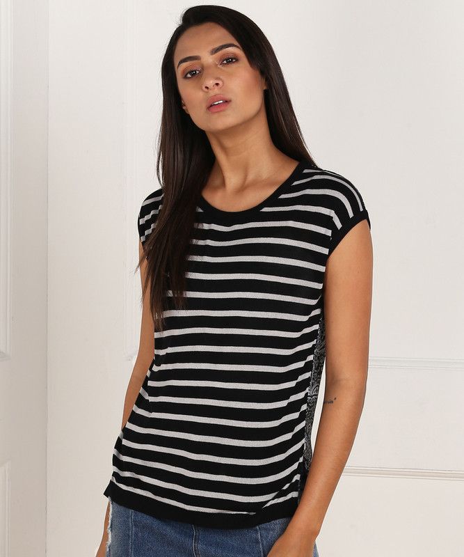 Casual Cap Sleeves Printed, Striped Women Black, Grey Top