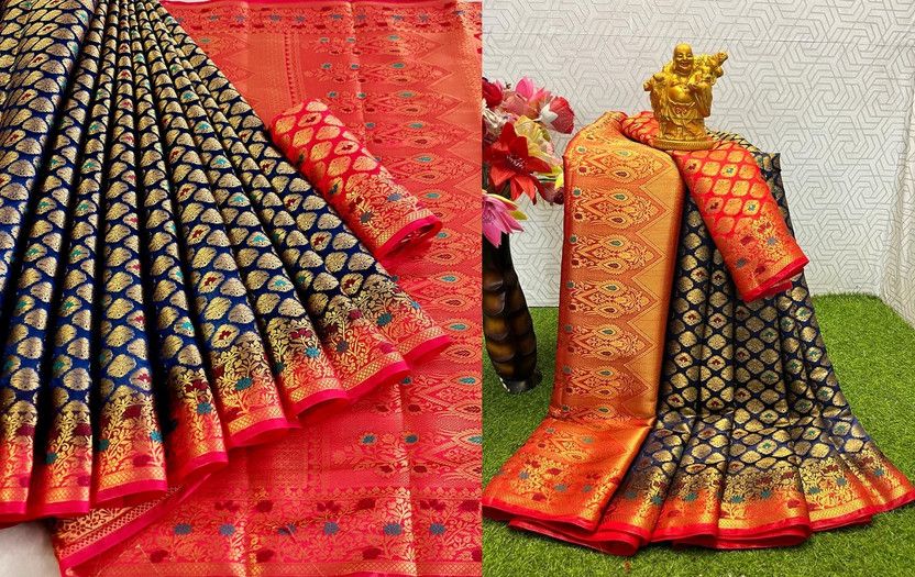 Woven, Checkered Banarasi Cotton Linen, Cotton Silk Saree  (Blue)