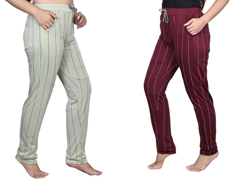 Pack of 2 Women Slim Fit Maroon, Beige Polycotton Trousers