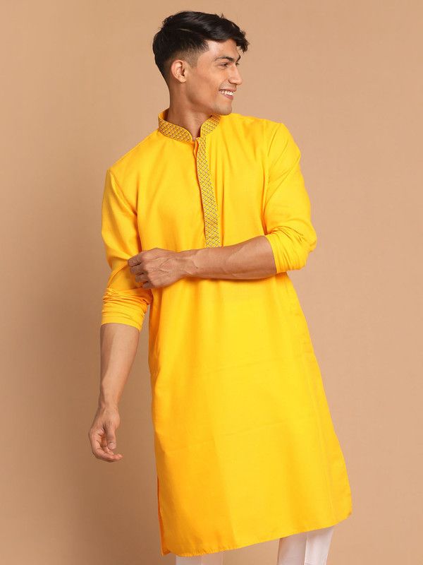 Men Embroidered Cotton Blend A-line Kurta  (Yellow)