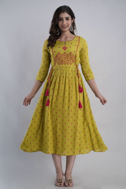 Women Embellished, Printed Viscose Rayon Flared Kurta  (Light Green)