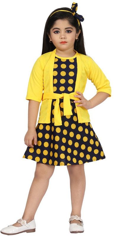 Girls Midi/Knee Length Festive/Wedding Dress  (Yellow, 3/4 Sleeve)