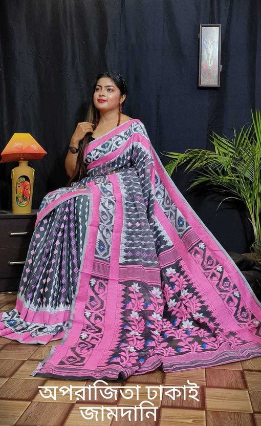 Self Design Bollywood Cotton Silk Saree  (Pink, Grey)