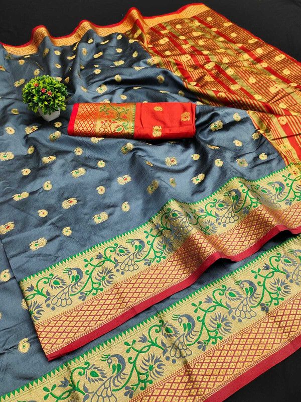 Applique Banarasi Cotton Silk Saree  (Grey)