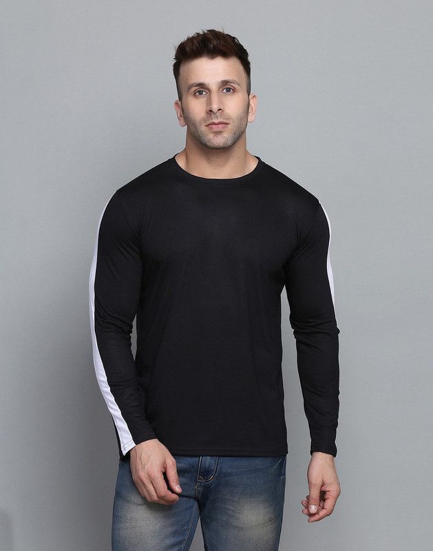 FAIZAN Men Colorblock Round Neck Cotton Blend Black T-Shirt