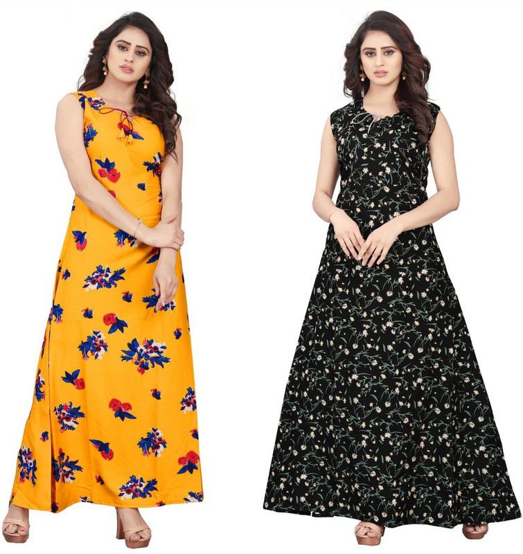 Pack of 2 Women Floral Print Crepe Gown Kurta  (Black, Yellow)