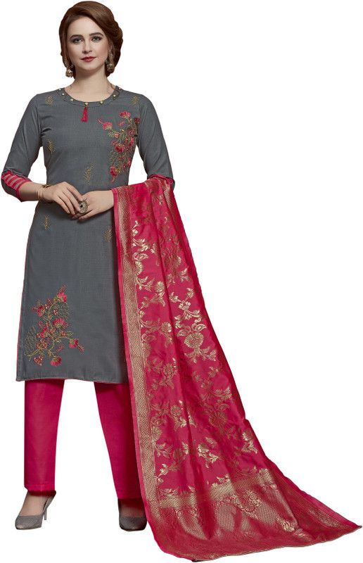 Semi Stitched Cotton Blend Kurta & Palazzo Material Solid, Embroidered, Self Design