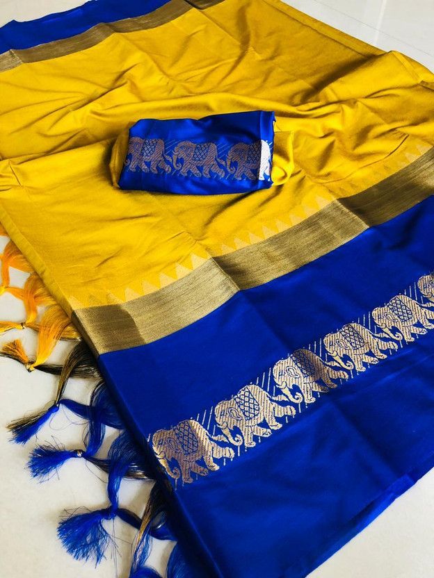Woven, Animal Print Banarasi Cotton Silk Saree  (Blue, Yellow)