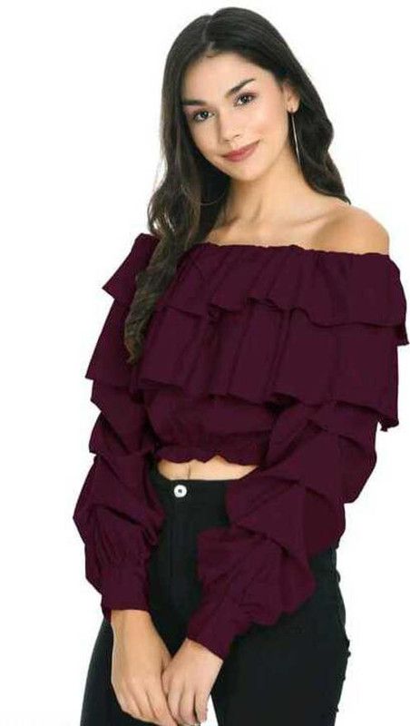 Party Puff Sleeves Self Design Women Maroon Top