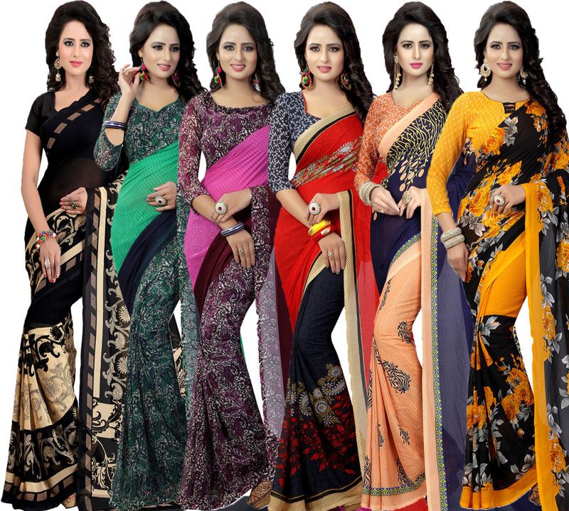 Printed Daily Wear Georgette Saree  (Pack of 6, Dark Blue, Red, Green, Black, Pink, Yellow)