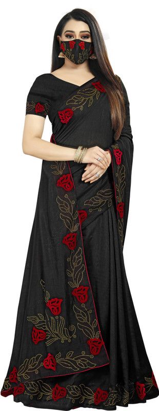 Embroidered Chanderi Silk Blend Saree  (Black)