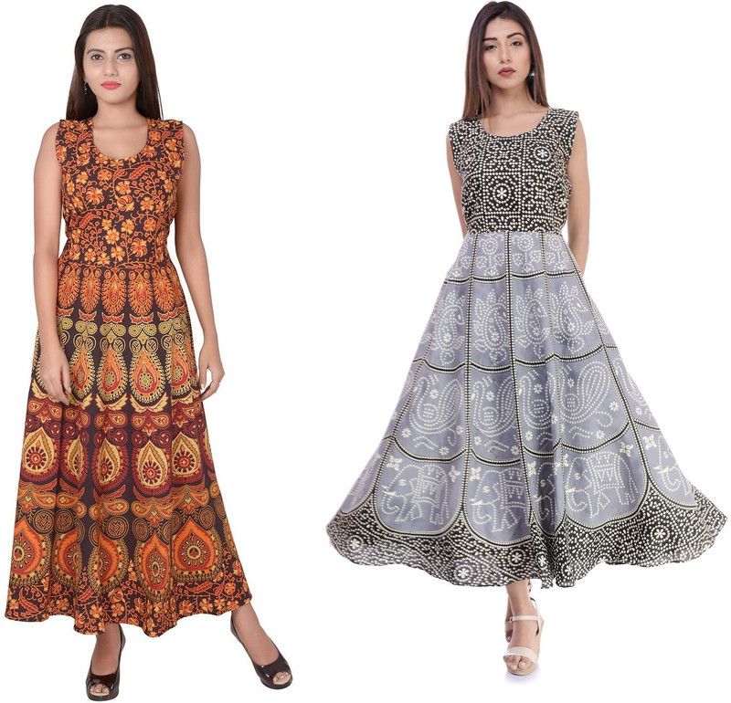 Women Maxi Brown, Grey Dress