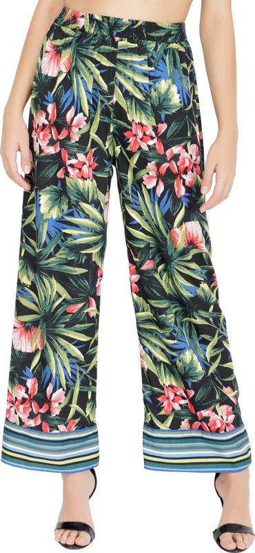 Women Regular Fit Black, Multicolor Crepe Trousers