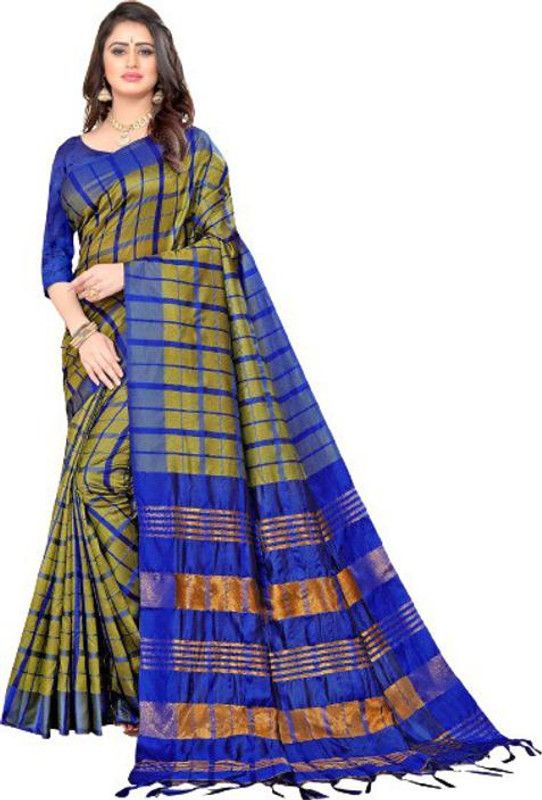 Checkered Chettinadu Art Silk Saree  (Gold)