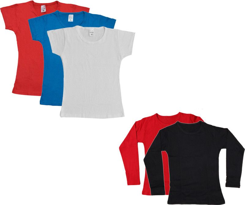 Girls Solid Cotton Blend T Shirt  (Red, Pack of 5)