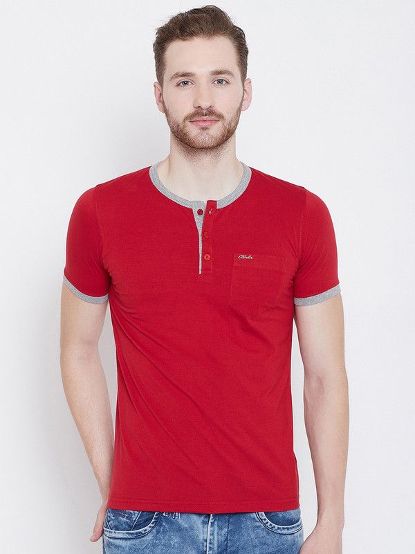 Men Colorblock Henley Neck Cotton Blend Red T-Shirt