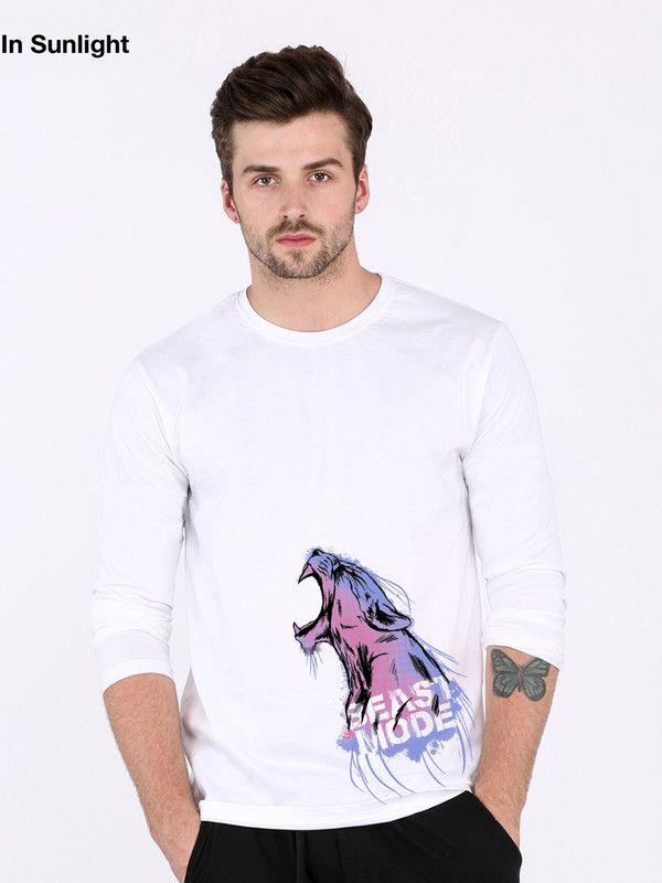 Men Printed Round Neck Pure Cotton Light Blue, White T-Shirt
