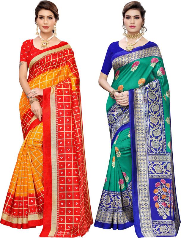 Printed, Geometric Print, Floral Print Bandhani Cotton Silk Saree  (Pack of 2, Green, Yellow)
