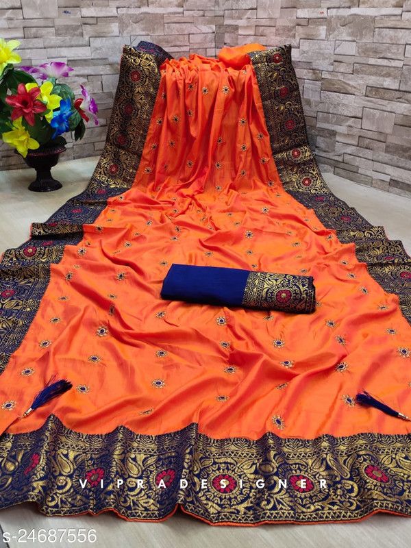 Bhagalpuri Cotton Blend Saree  (Orange)