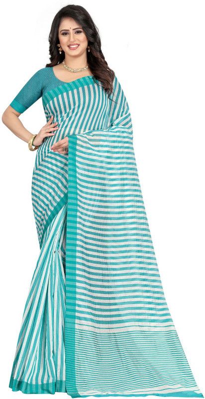 Striped Daily Wear Cotton Blend Saree  (Light Green)
