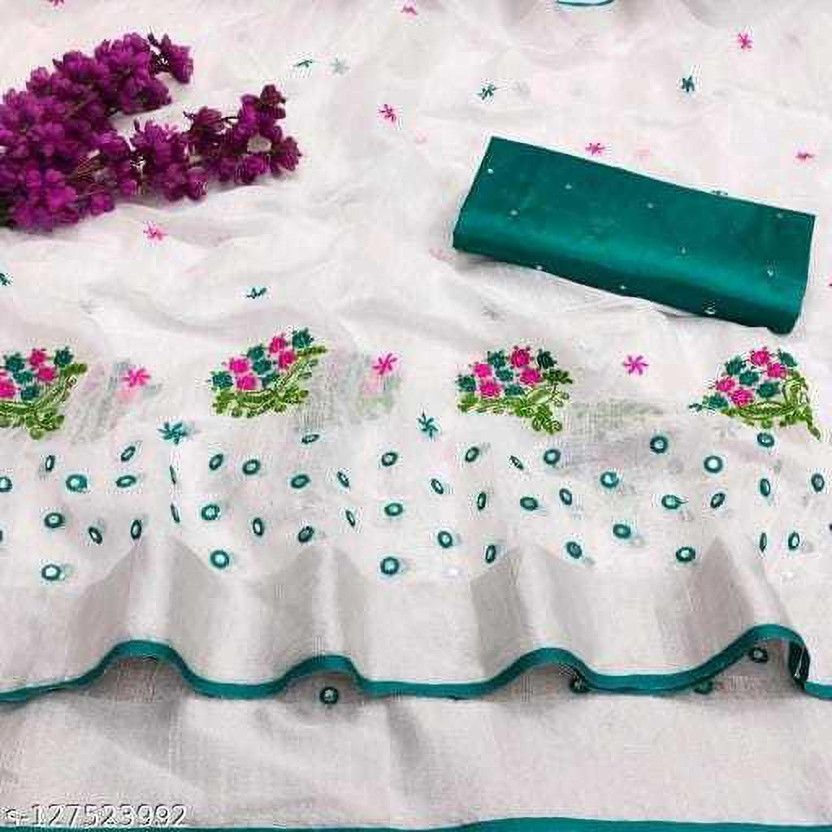 Self Design Bollywood Linen Saree  (Green, White)