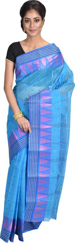Self Design, Striped, Woven Tant Handloom Cotton Blend Saree  (Blue)