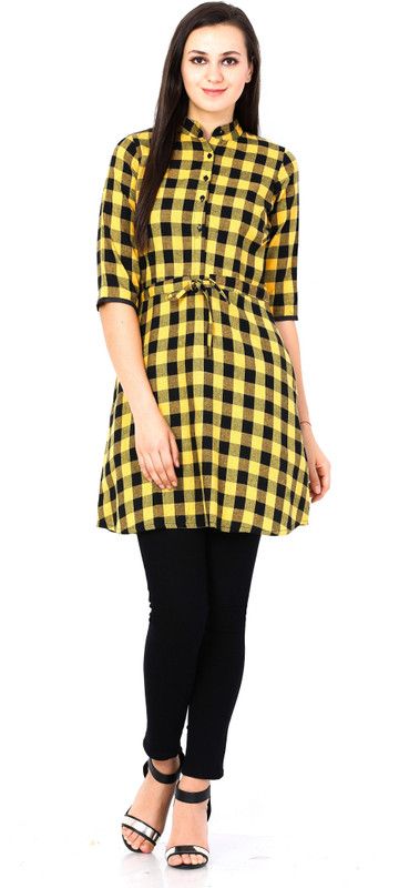 Party Regular Sleeves Checkered Women Yellow Top