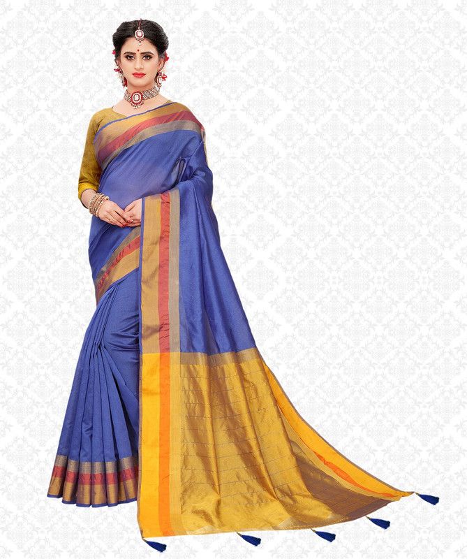 Striped Patola Cotton Linen Saree  (Blue)