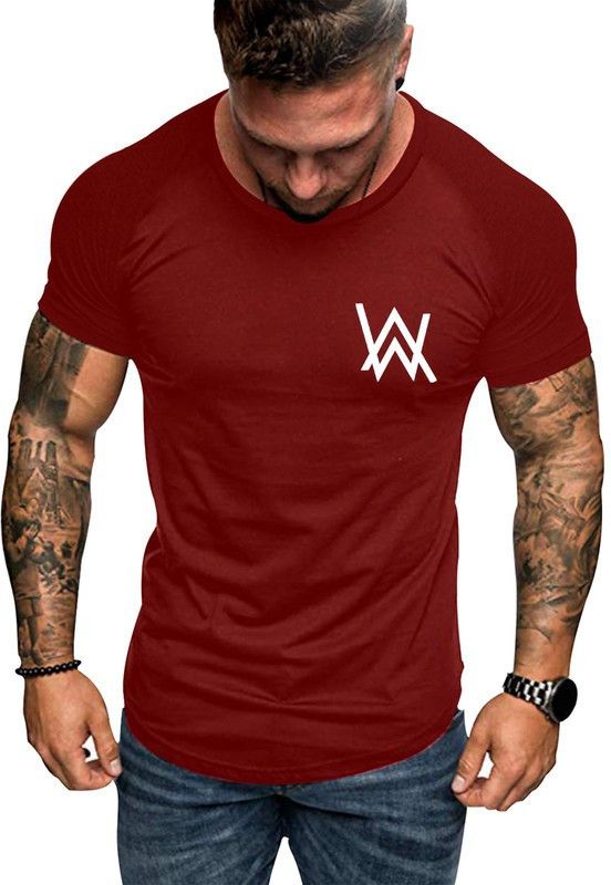 AlanWalker_Logo-HF9-M-M Men Printed Round Neck Pure Cotton Maroon T-Shirt