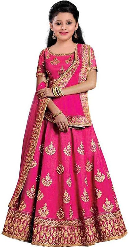 Indi Baby Girls Lehenga Choli Party Wear, Western Wear Embroidered, Embellished Lehenga, Choli and Dupatta Set  (Pink, Pack of 1)