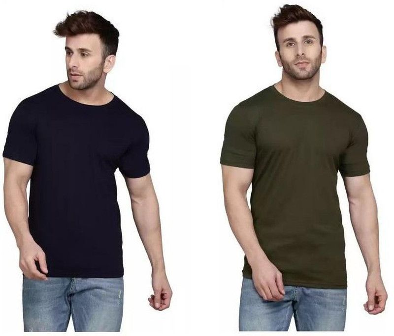 Pack of 2 Men Solid Round Neck Cotton Blend Dark Blue, Dark Green T-Shirt