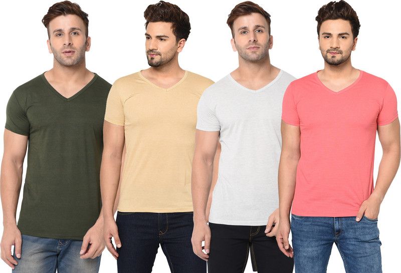 Pack of 4 V neck Combo T-shirts Men Solid V Neck Cotton Blend Green, Pink, Beige, Grey T-Shirt