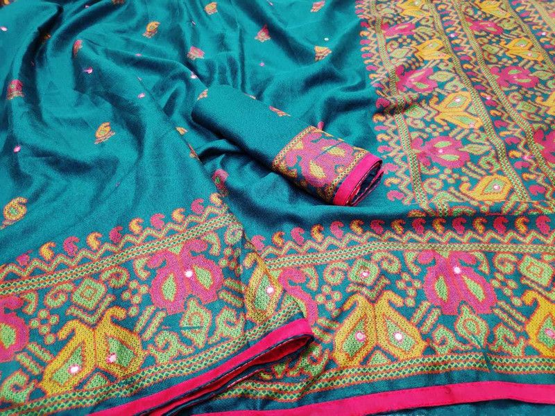 Embroidered, Embellished Fashion Cotton Jute Saree  (Light Blue)