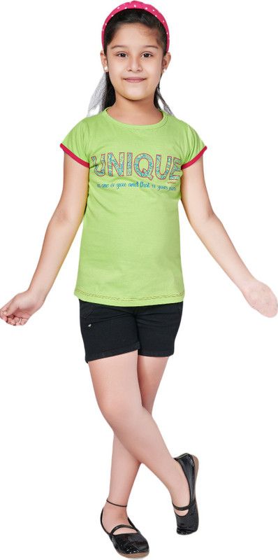 Girls Typography Cotton Blend T Shirt  (Light Green, Pack of 1)