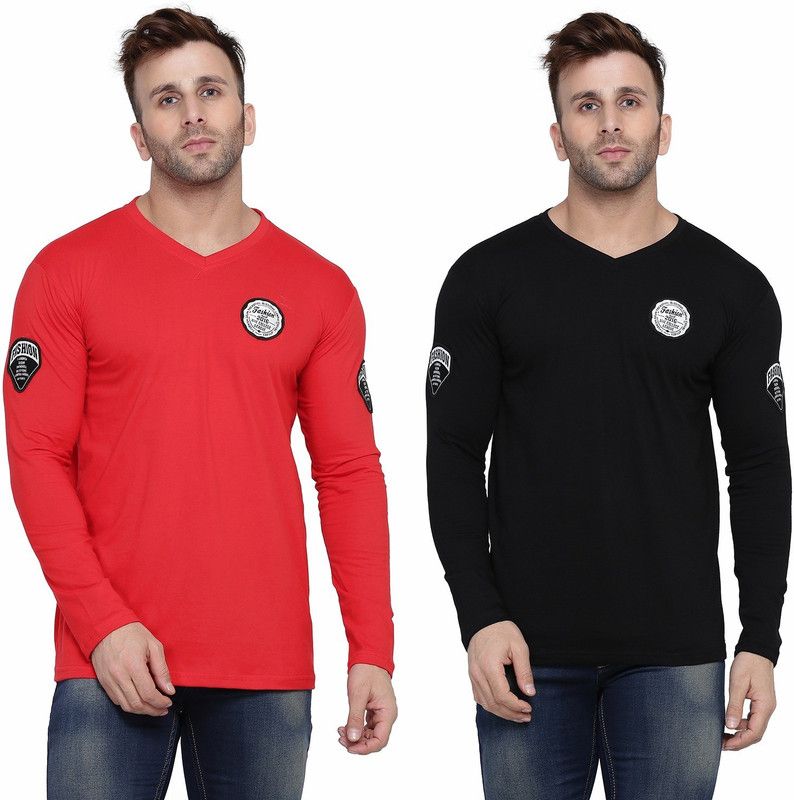 Pack of 2 Men Solid V Neck Cotton Blend Red, Black T-Shirt