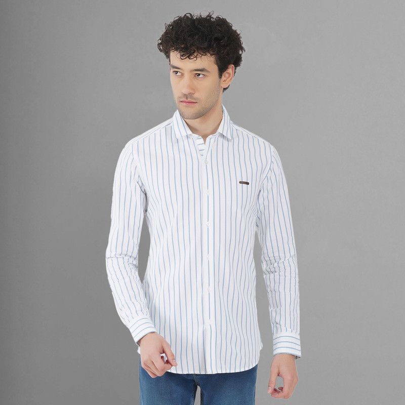 Men Regular Fit Printed, Striped Cut Away Collar Formal Shirt