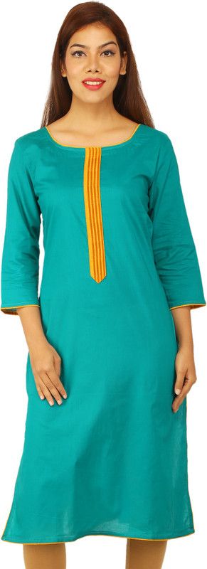Women Solid Cotton Blend Straight Kurta  (Green, Yellow)