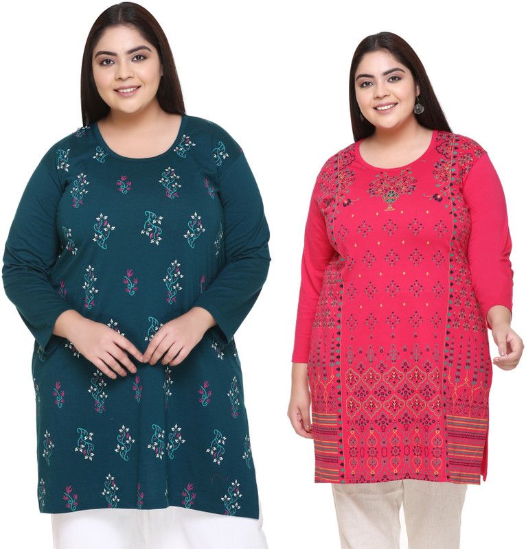 Women Printed Round Neck Poly Cotton Green, Pink T-Shirt