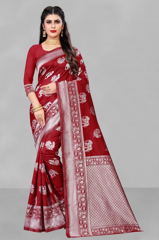 Printed Jamdani Jacquard Saree  (Red)
